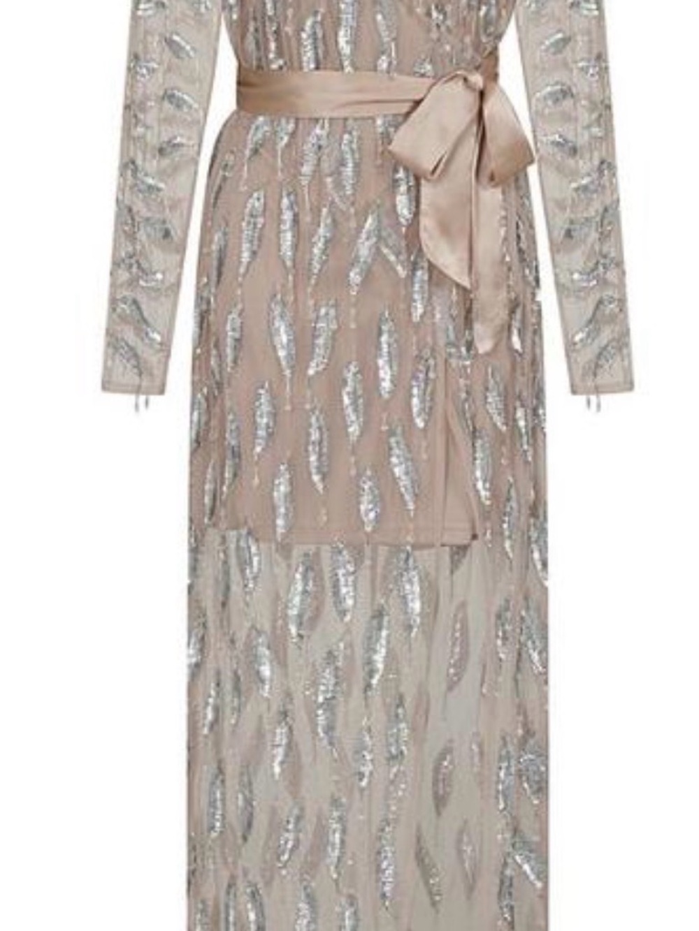 Beige Sequin-Embellished Maxi Skirt with Satin Tie